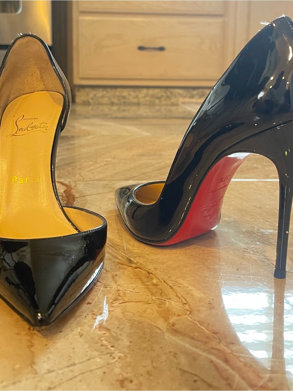 Christian Louboutin Black Patent Leather Pointed Toe Stilettos with Red Sole